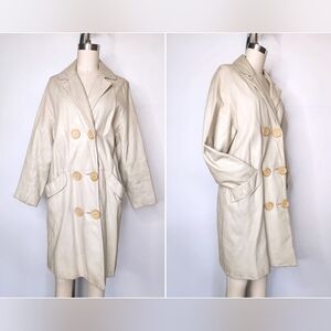 70s 80s Vintage Beige Leather Coat Jacket - Leather Trench Coat XS - S